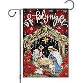 Heyfibro Nativity Christ O Holy Night Christmas Garden Flag 12 x 18 Inch Double Sided Burlap Jesus Religious Red Buffalo Plaid Yard Flags for Xmas Winter Farmhouse Seasonal Decor(ONLY FLAG)