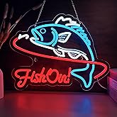Fish On Neon Sign Go Fishing LED Signs for Wall Deco Fishing Gear Shop Neon Light Dimmable Neon Lights Signs Fish Neon Light Up Sign for Bedroom Living Room Man Cave Yacht Decor Men Gifts（16.1“*12.6”） (White + Blue + Orange)