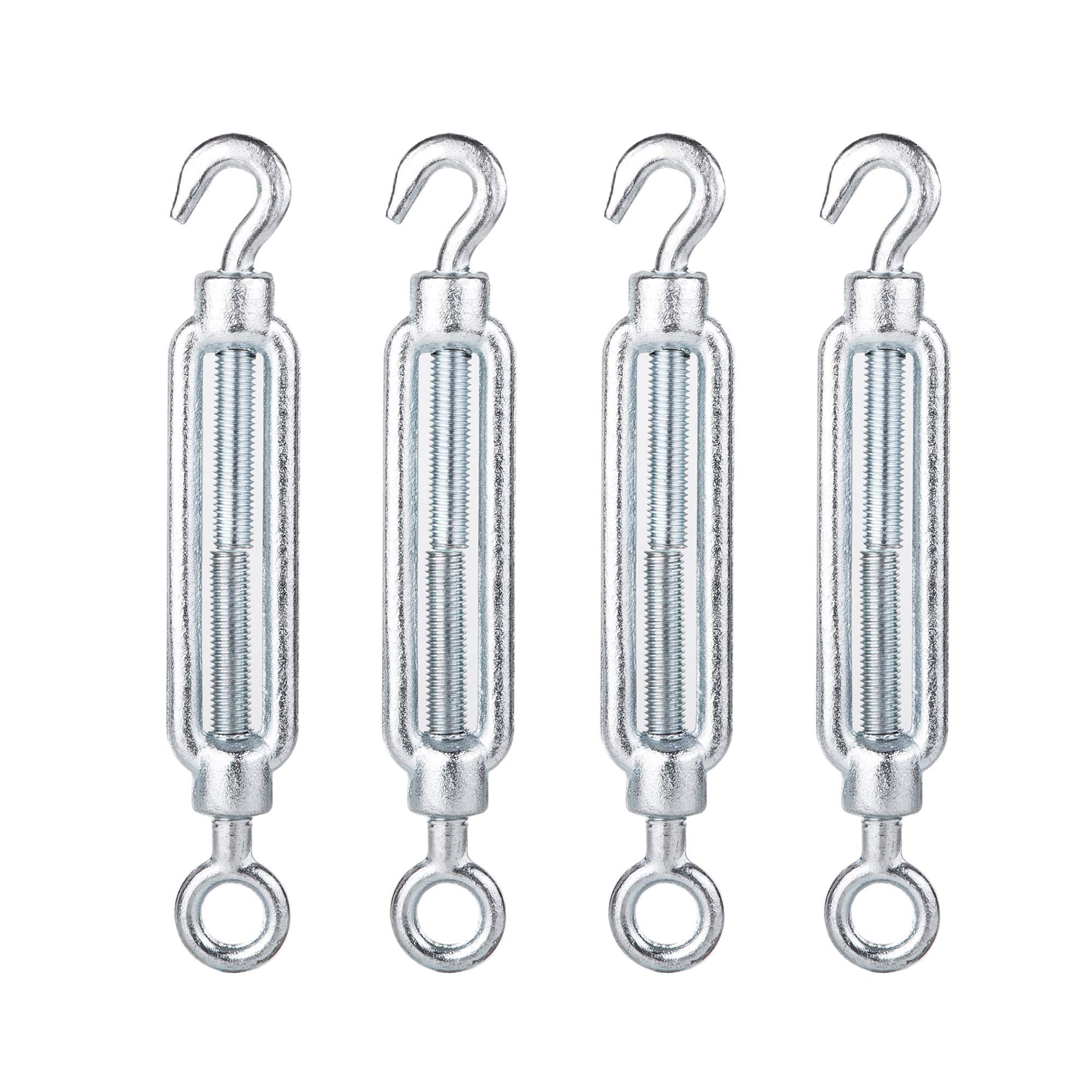 (Pack of 4 pcs) Wire Tensioner 10 x 125 mm M10 Strainer Galvanized Steel DIN 1480 Hook and Eye Rope Cable Tension Heavy Duty (4)