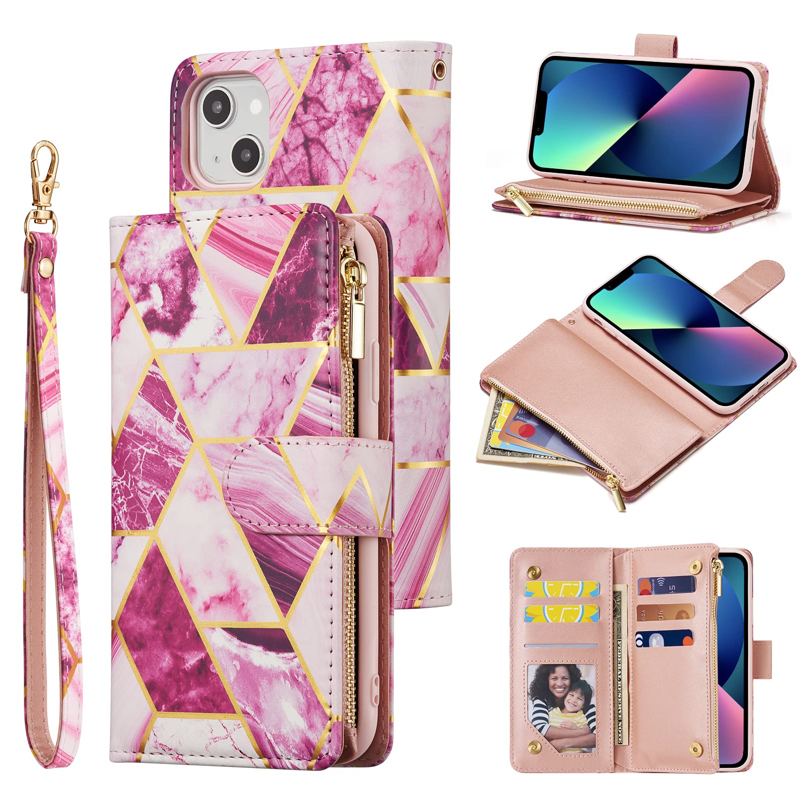 UEEBAI Wallet Case for iPhone 13 6.1, Premium Vintage PU Leather Magnetic Handbag Zipper Pocket Case Kickstand Card Slots with Wrist Strap TPU Shockproof Flip Cover - Marble Purple — image 1