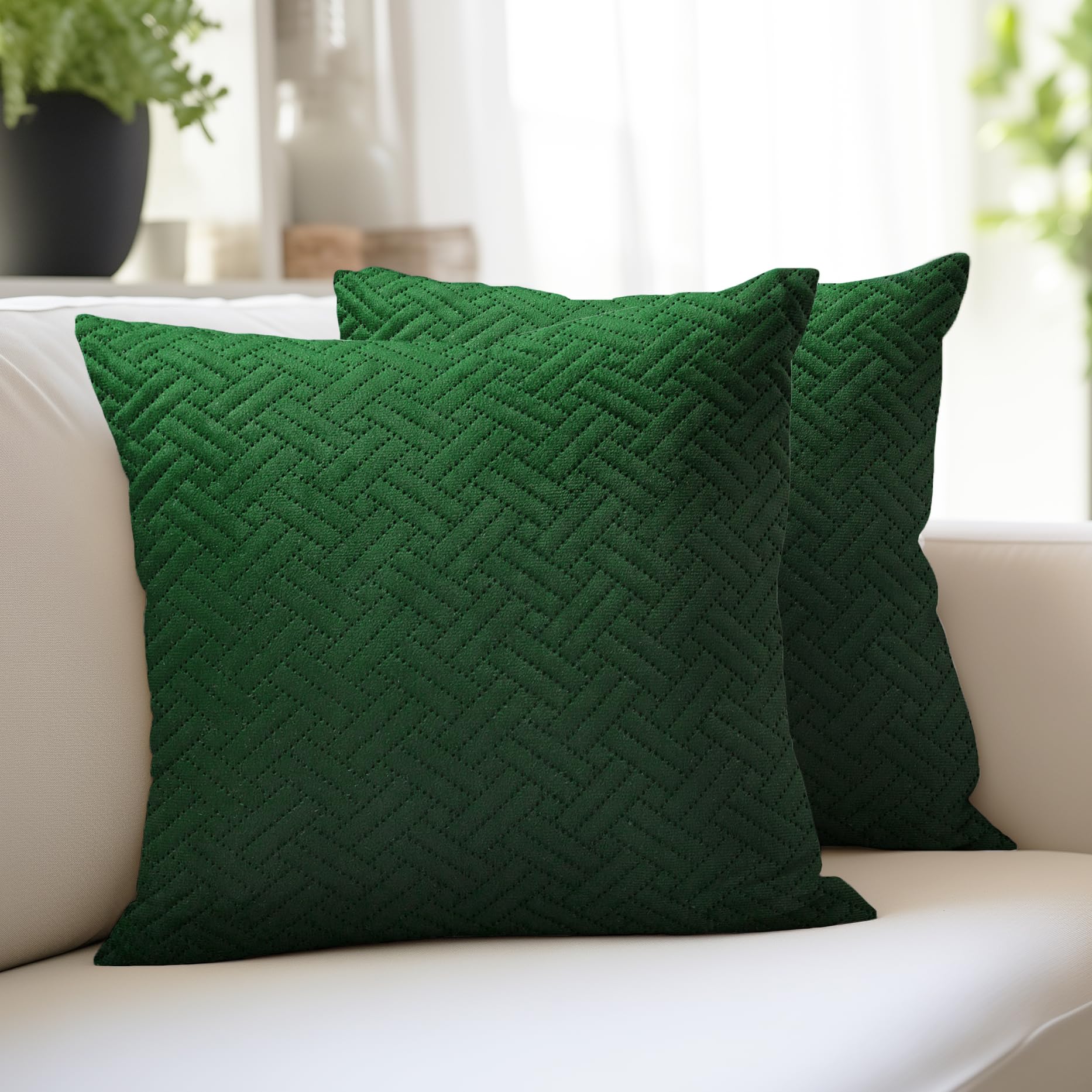 Encasa XO Cushion Covers 40x40 cm Set of 2 | Solid Color Quilted Velvet Sofa Cushion Covers | only Covers No Insert | Both Side Quilted Fabric | Forest Green | Decorative Pillow Covers For Home