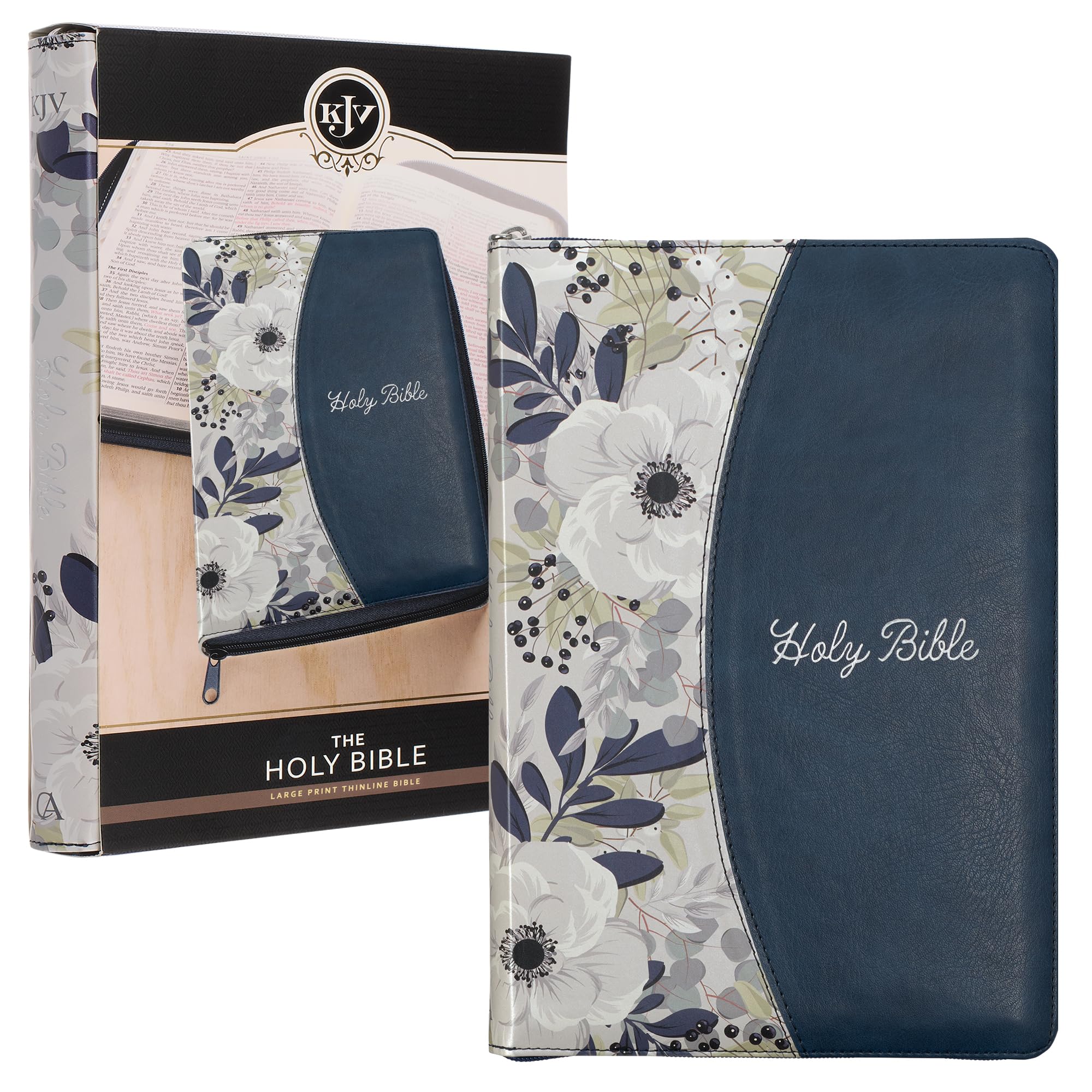 KJV Holy Bible, Thinline Large Print Faux Leather Red Letter Edition Thumb Index Ribbon Marker, King James Version, Blue Printed Floral, Zipper Closure (KJV Thinline LP Editions) KJV Holy Bible, Thinline Large Print Faux Leather Red Letter Edition Thumb Index Ribbon Marker, King James Version, Blue Printed Floral, Zipper Closure (KJV Thinline LP Editions) Imitation Leather