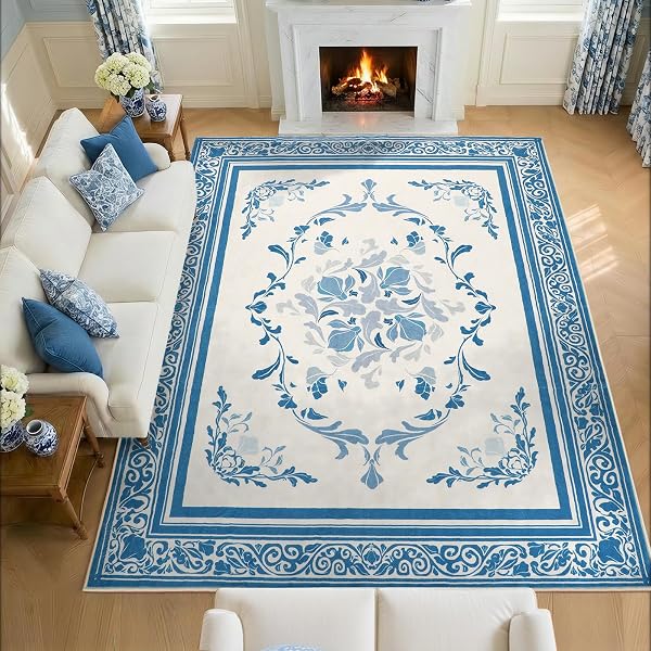 SOULFUL MEDIUM PILE 4X6 RUGS FOR LIVING ROOM – COZY SOFT UNDERFOOT AREA RUG – BLUE BOHO FLORAL – WASHABLE NON-SLIP – PERFECT FOR BEDROOM KIDS ROOM UNDER DINING TABLE OFFICE