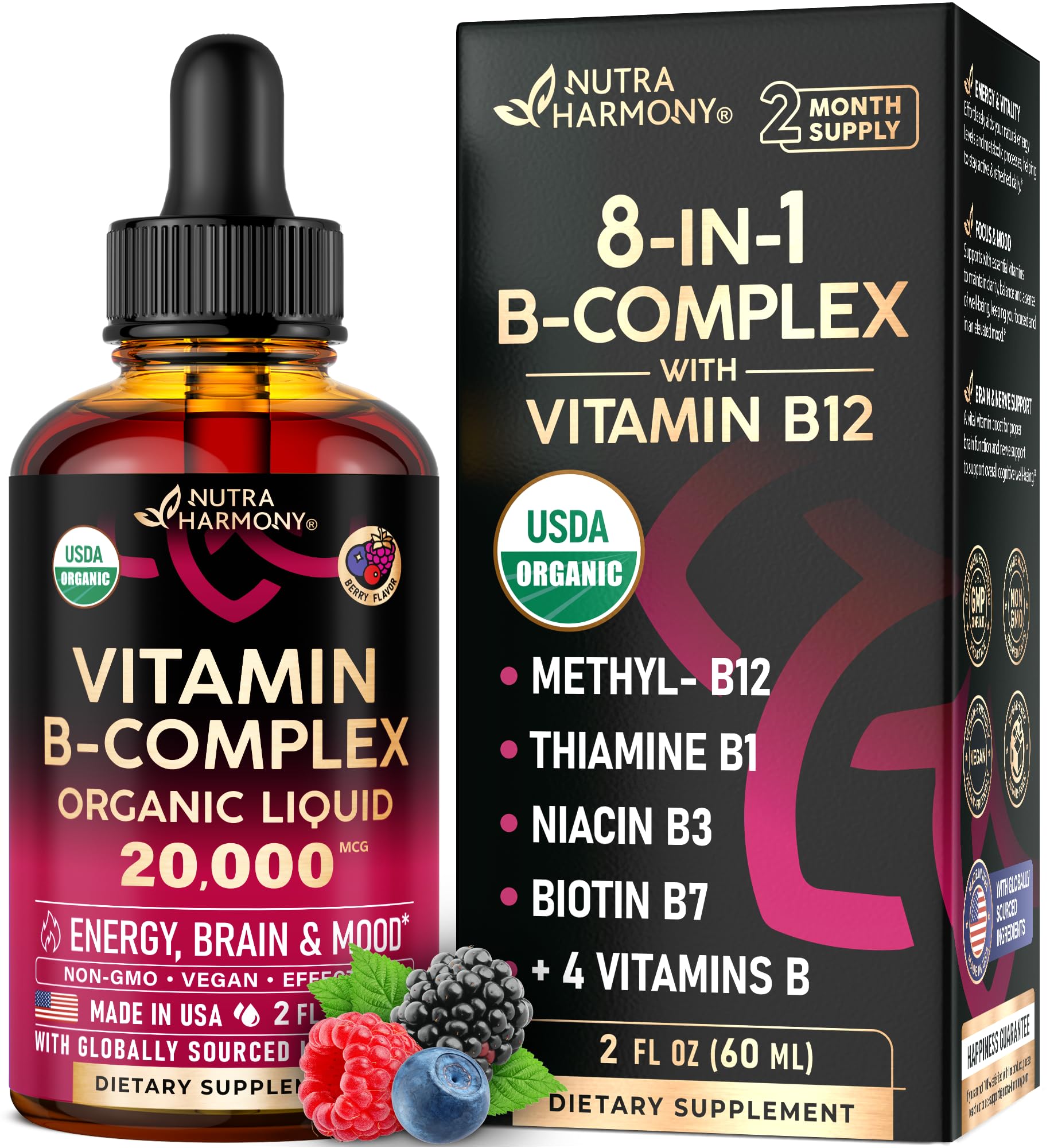 Photo 1 of USDA Organic Vitamin B-Complex B5 Pantothenic Acid | B12 Methylcobalamin | B1 Thiamine | B6 Pyridoxine | B7 Biotin | B9 Folic | B3 Niacinamide - B Complex Liquid Drops, Made in USA Supplement, 2fl oz