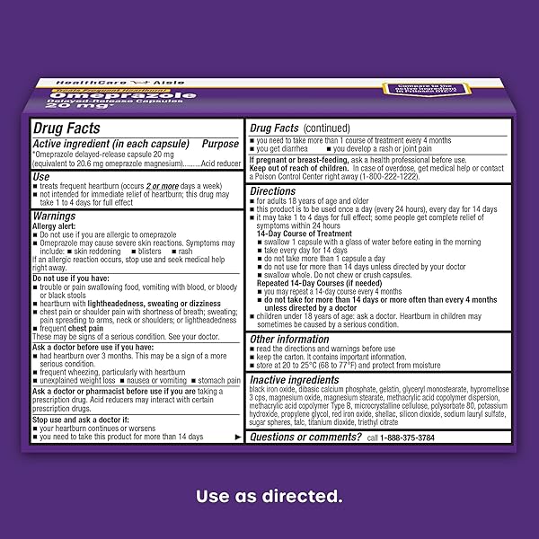 HEALTHCAREAISLE OMEPRAZOLE 20 MG, 42 DELAYED-RELEASE CAPSULES – ACID REDUCER, TREATS FREQUENT HEARTBURN, 42 COUNT (PACK OF 1)