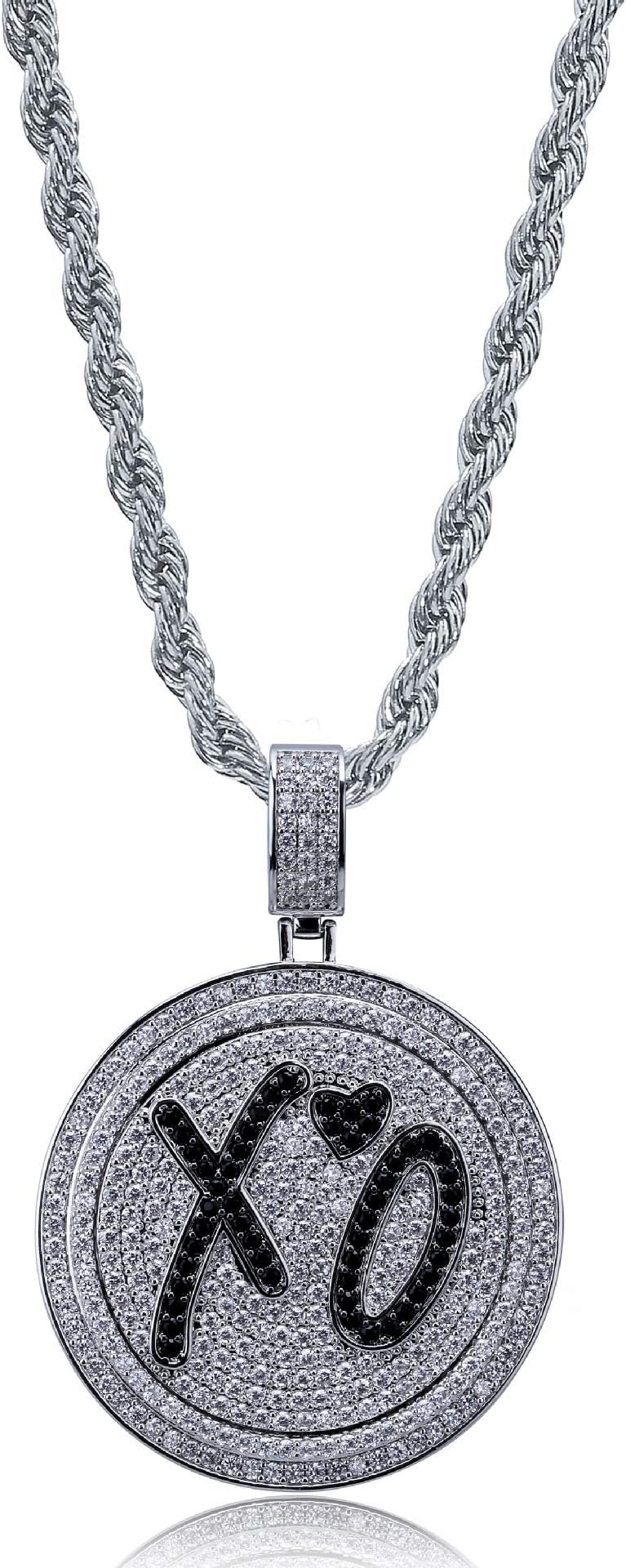 Rapper Migos XO QC Rotatable Double disc Necklace,Hip Hop Iced Out Bling 18K Gold Plated Pendant Necklace with Stainless Steel Rope Chain, Ins Fashion Style