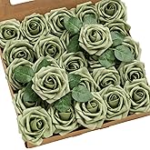 Ling's moment Artificial Flowers 25Pcs Elf Green Roses Decor w/Stems,3" Real Touch DIY Foam Floral for Wedding Bouquet/Centerpieces, Outdoors Party Backdrop, Room/Table, and Garden/Pot Decorations