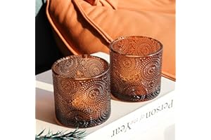Woho Amber Votive Candle Holders Set of 6(2.56" H×2.75" W), Tealight Candle Holder for Boho Wedding Table Centerpiece, Vintage Sunflower Embossed Tea Light Candle Holder Glass for Home Decor