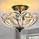 HuixuTe Modern Semi Flush Mount Ceiling Light, 3-Light Black Close to Ceiling Light Fixture with Cognac Glass Shade for Bedro