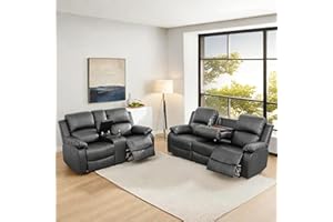 ChicFurnit Leather Recliner Sofa, Power Reclining Sectional Couch Set with LED Light, Breathing Reclining Loveseat with Adjustable Headrest,Cup Holders for Living Room, Black