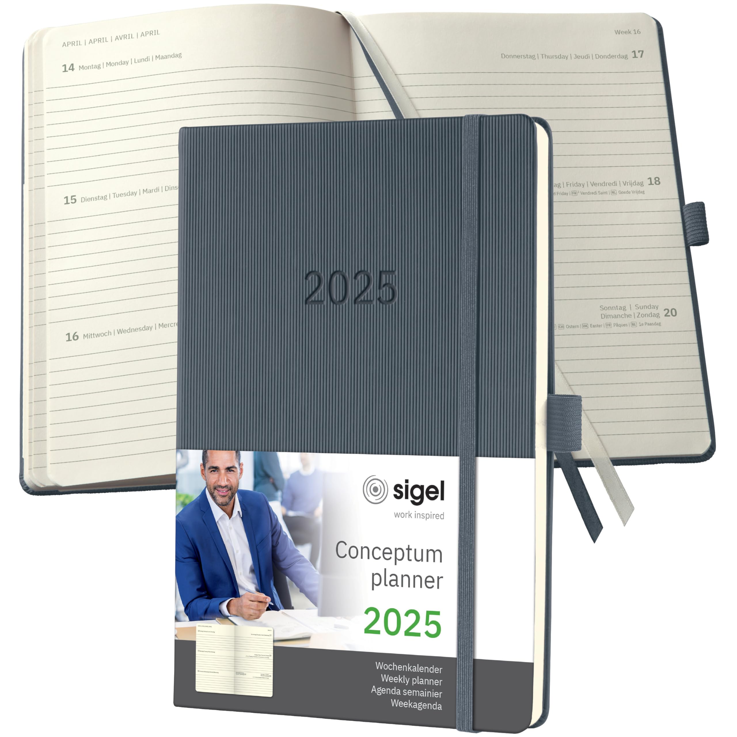SIGEL C2566 Conceptum Weekly Planner 2025, Approx. A5, Dark Grey, hardcover, 2 Pages = 1 Week, 192 Pages