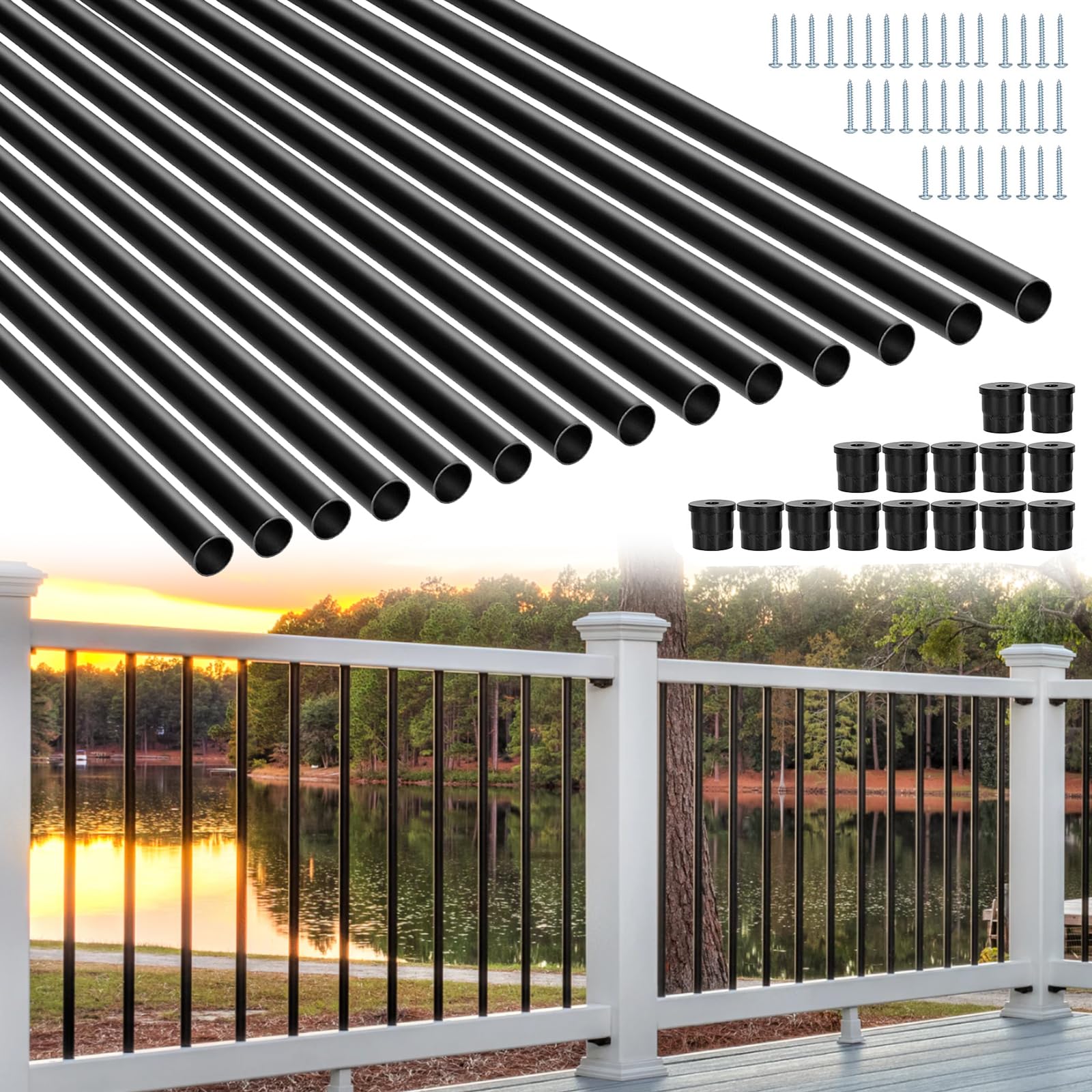 Photo 1 of 100 Pack 36" Aluminum Deck Balusters Round - 3/4" Diameter Hollow Round Aluminum Balusters - Stair Spindles for Wood and Composite Deck Railing with Screws & Conectors (100, 36IN)