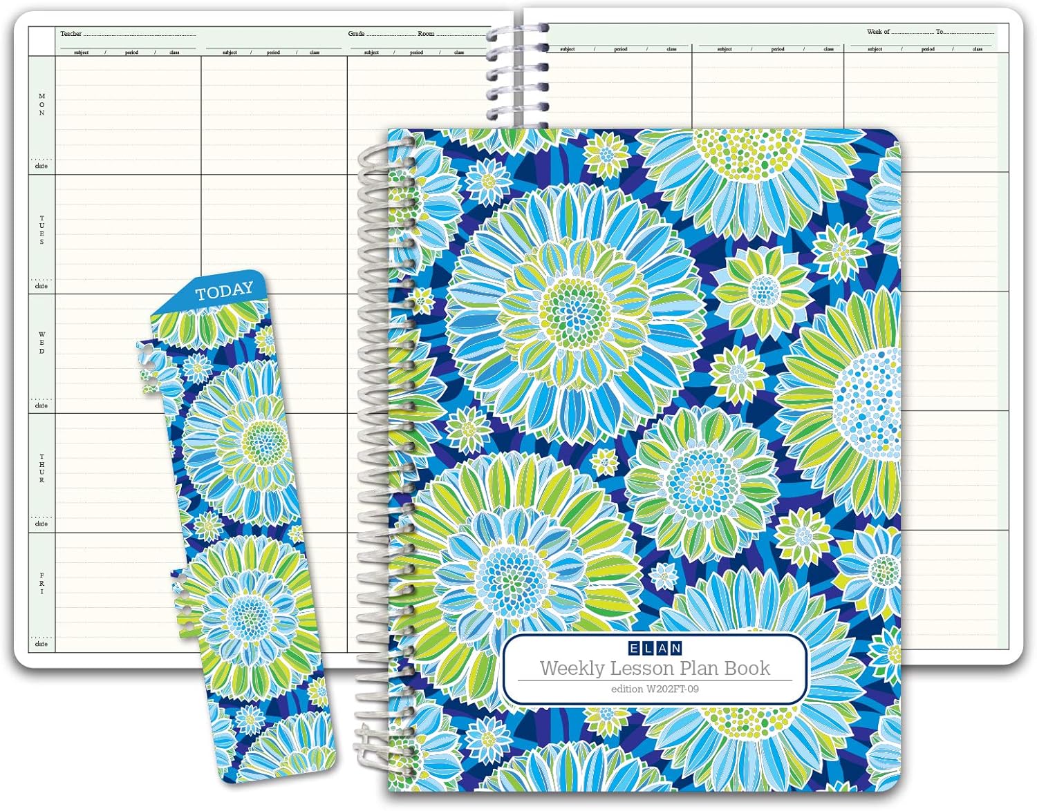 HARDCOVER 6 Period Teacher Lesson Plan; Days Vertically Down The Side (W202) (+) Bonus Clip-in Bookmark (Green Blue Flowers)