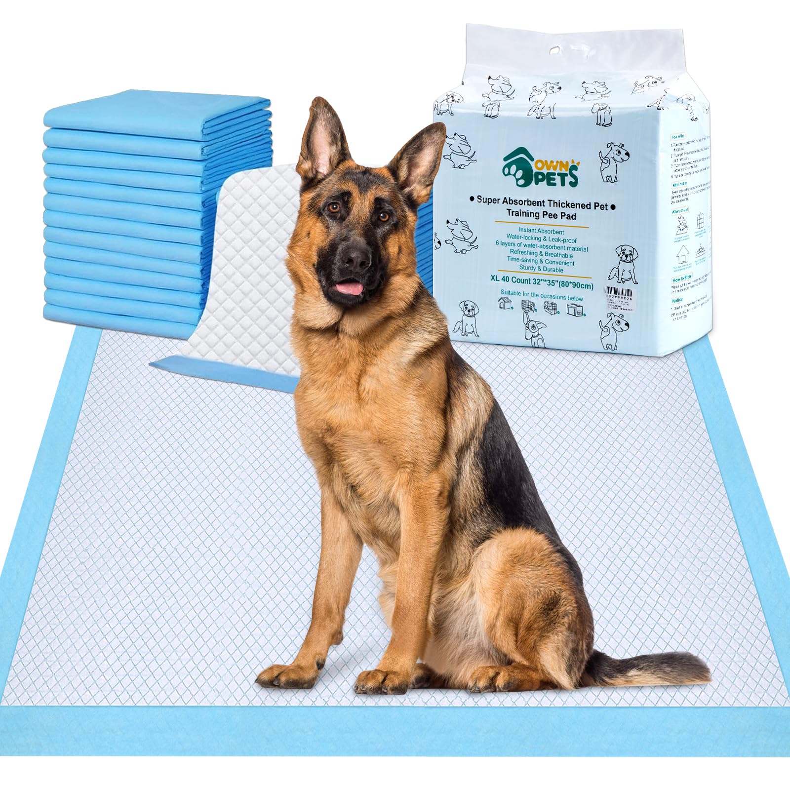 Ownpets Large Dog Training Pads, 90 x 80cm, 40 Packs, Leakproof 6-Layer Pet Potty Training Pads Pee Pads with Quick-Dry Surface for Pets, Puppies, Adult, Sick & Aging Dogs