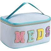 uekeboag Personalized Chenille Letter Seersucker MEDS Makeup Bag,Large Size Medicine RX Cosmetic Bag with Top Handle, First Aid Travel Organizer Bag for Women Girls(01Blue)