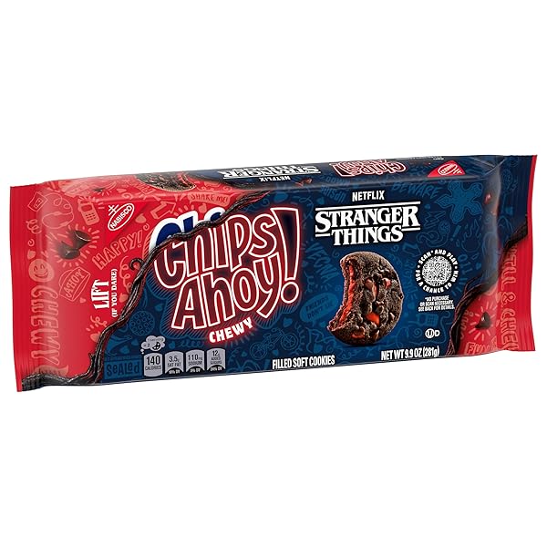 CHIPS AHOY! STRANGER THINGS CHEWY CHOCOLATEY STRAWBERRY-FLAVORED FILLED SOFT COOKIES, LIMITED EDITION, 9.9 OZ