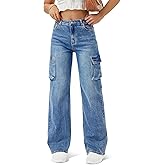 Women High Waisted Cargo Jean for Women with 6 Pockets Straight Wide Leg Jean Casual Baggy Pants