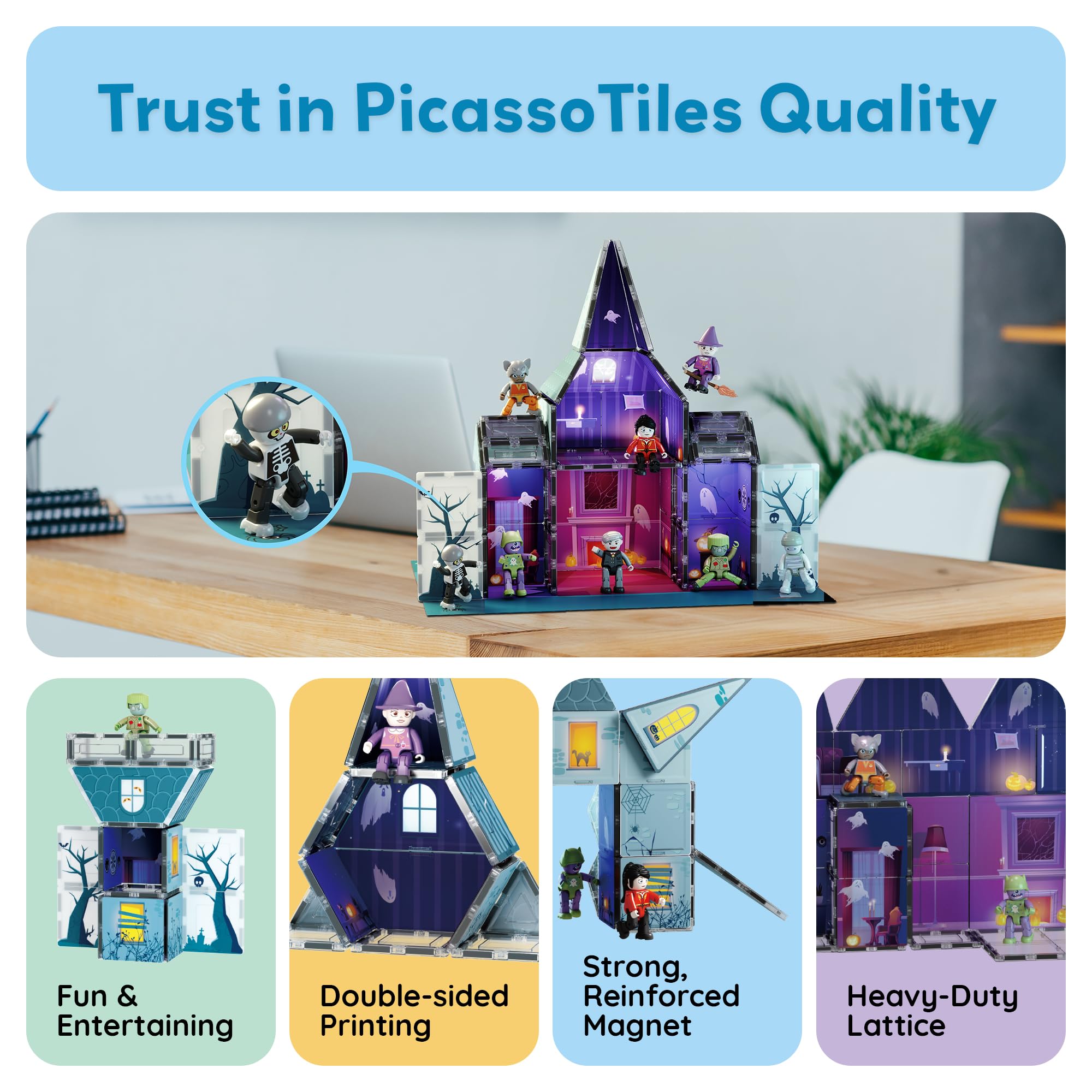 PicassoTiles Haunted House Theme Magnet Tile Building Blocks 8 Action Figures Magnetic Construction Toy Double Sided Printing Education STEM Learning Playset Halloween Adventure Kid Ages 3+ PTQ03