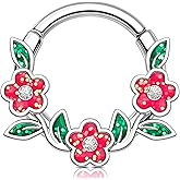 Melighting 16G Flower Septum Ring,Rose Daith Piercing Jewelry, Stainless Steel 316L Septum Clicker Clear CZ Opal Cartilage Lobe Earring For Women 8/10 mm