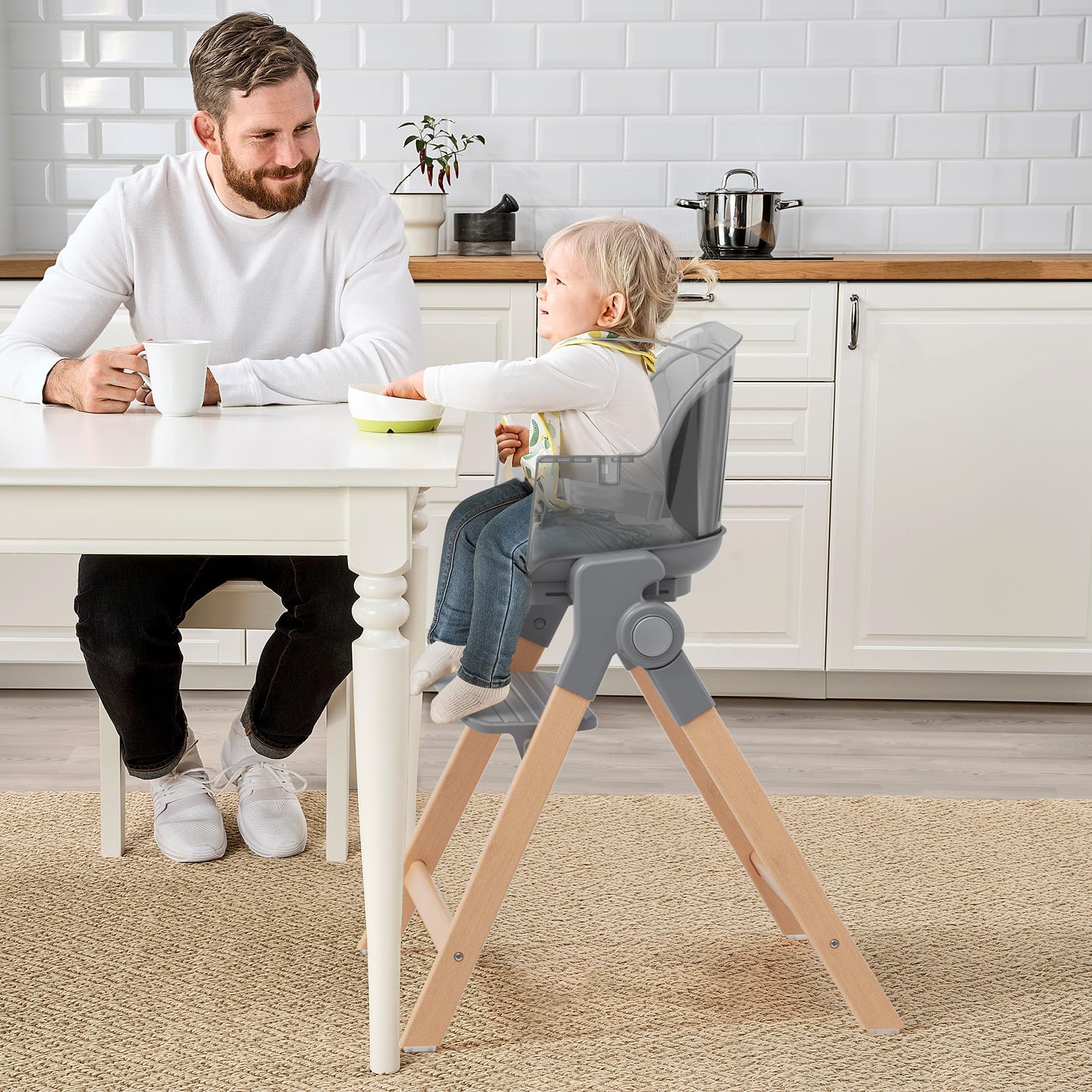 Ezebaby Foldable Wooden High Chairs, 3-in-1 Convertible Baby High Chair, Dining Booster Seat, Toddler Chair, Easy Clean High Chairs for Babies and Toddlers with Large Adjustable Tray- Transparent Gray