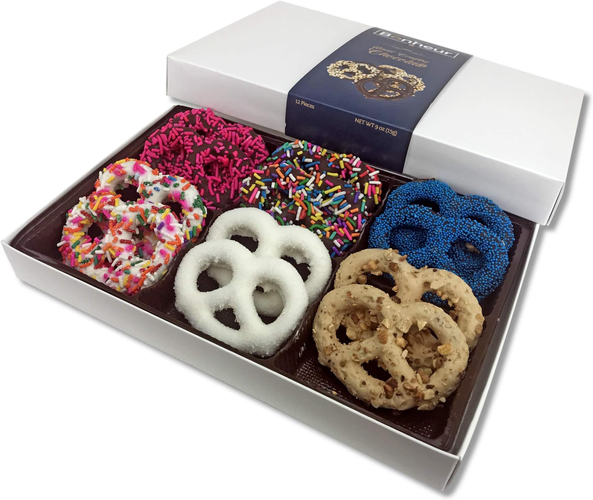 Bonheur Handcrafted Chocolate Covered Pretzels – Gourmet Chocolates – Dairy Free Chocolate Gift Box for Valentine’s Day, Christmas, Birthdays, Get Well – Kosher Chocolate Box – 12 Pack (Assorted 1)