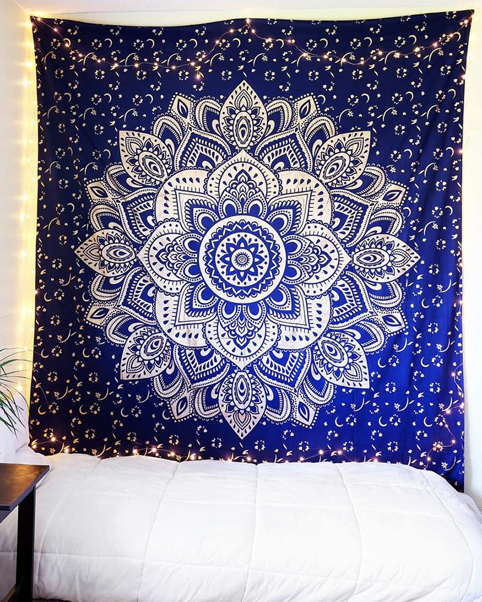 raajsee Indian Mandala Tapestry, Blue Gold, Boho Wall Decoration, Aesthetic Room Décor, Mandala Wall Tapestry, Wall Hanging, Psychedelic, Queen (82x92 Inches / 208x232 Cms)