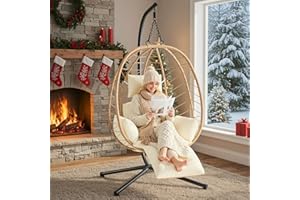 ONBRILL Hanging Egg Chair with Adjustable Footrest & Stand, Wicker Rattan Swing Hammock Chair with Cushion & Double Chains, 350LBS Capacity for Outdoor & Indoor Patio, Deck, Bedroom, Balcony (YE-BE)