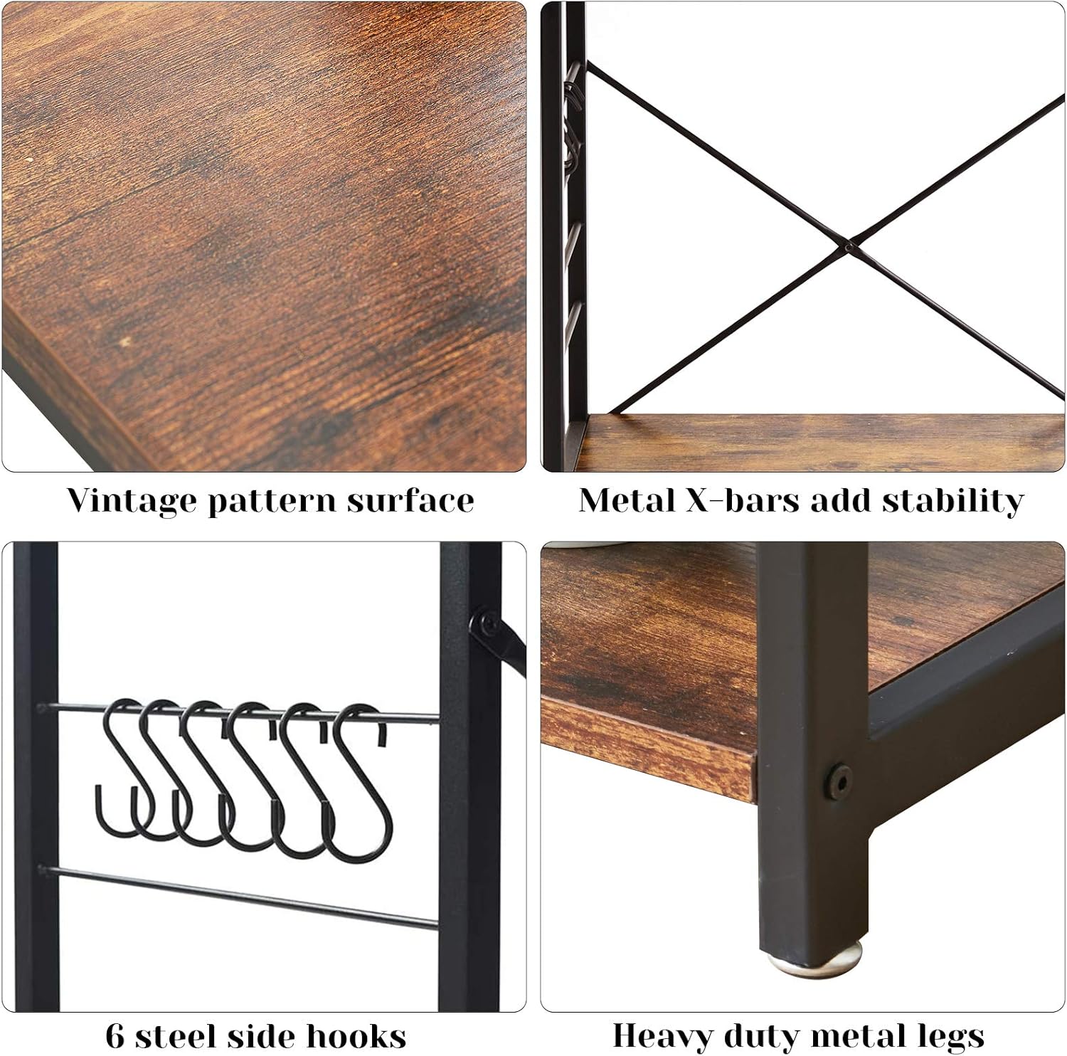 YMYNY Industrial Microwave Oven Stand, 3-Tier Kitchen Baker's Rack with Metal Frame and 6 Hooks, Multifunctional Coffee Bar for Living Room Decoration, Rustic Brown UTMJ022H - Standing Baker's Racks