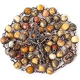 Nazareth Store Natural Stone Beads 8mm Rosary Necklace Antique Copper Design Holy Soil Medal & Cross in Velvet Bag - Catholic Rosaries Terra Santa Jerusalem Collection