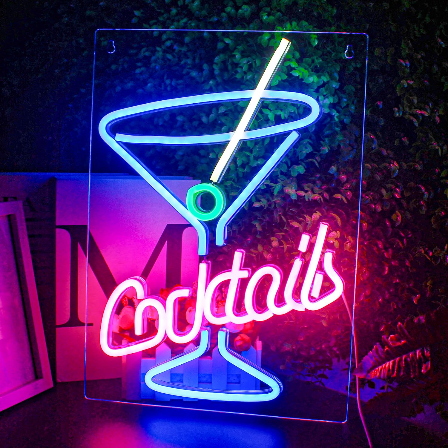 Looklight Cocktails Neon Light Sign Bar Neon Signs Cocktail Glass LES Sign Pink Blue Led Light Up Signs for Beer Bar Bedroom Home Club Kitchen Hotel Wedding Birthday Party Sign with USB