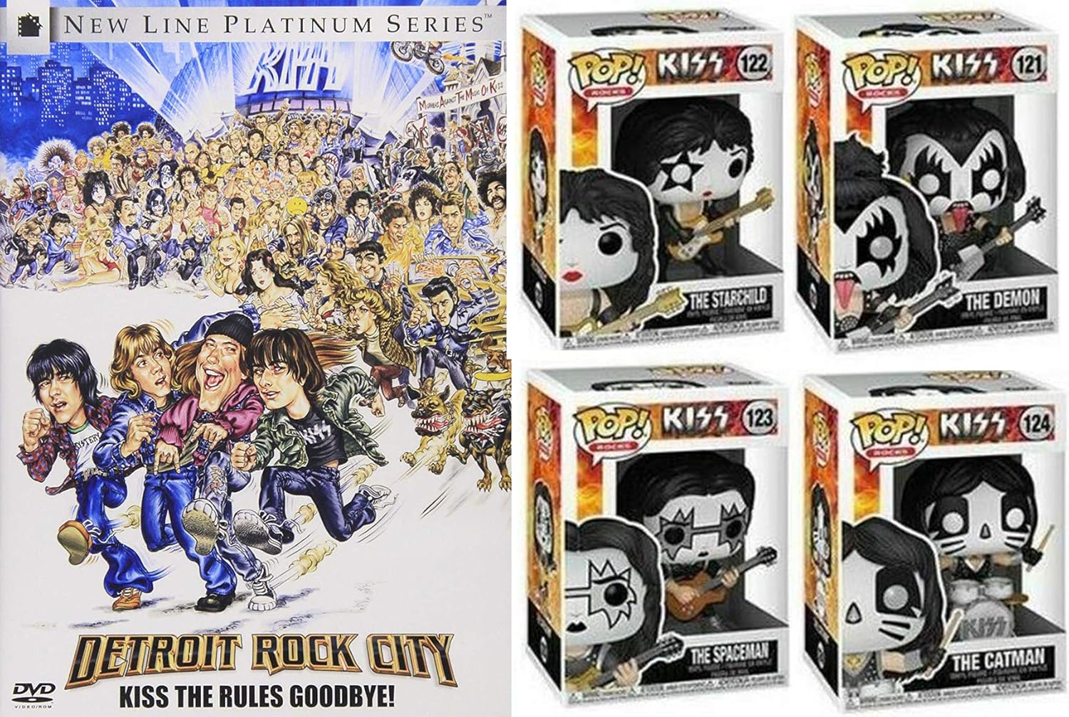 Amazon Com You Wanna Rock And Roll All Night Detroit Rock City Dvd Kiss Figure Icons 4 Pack Demon Starchild Spaceman Catman Pop Vinyl Collectibles Movies Tv