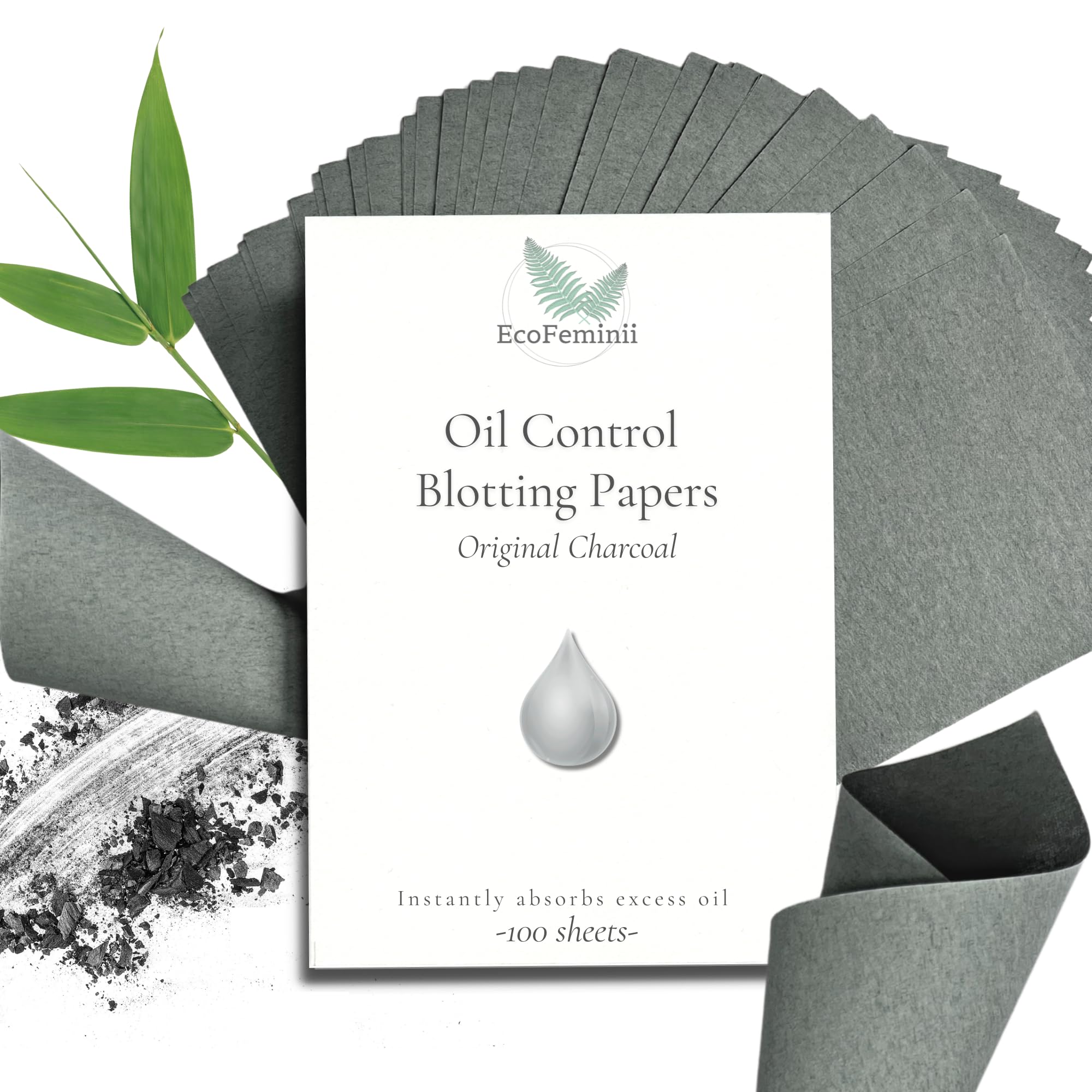 EcoFeminii Charcoal Oil Blotting Papers (100 Sheets) - Max Absorbency Sheets for Face & T-Zone, Instant Matte Shine Control