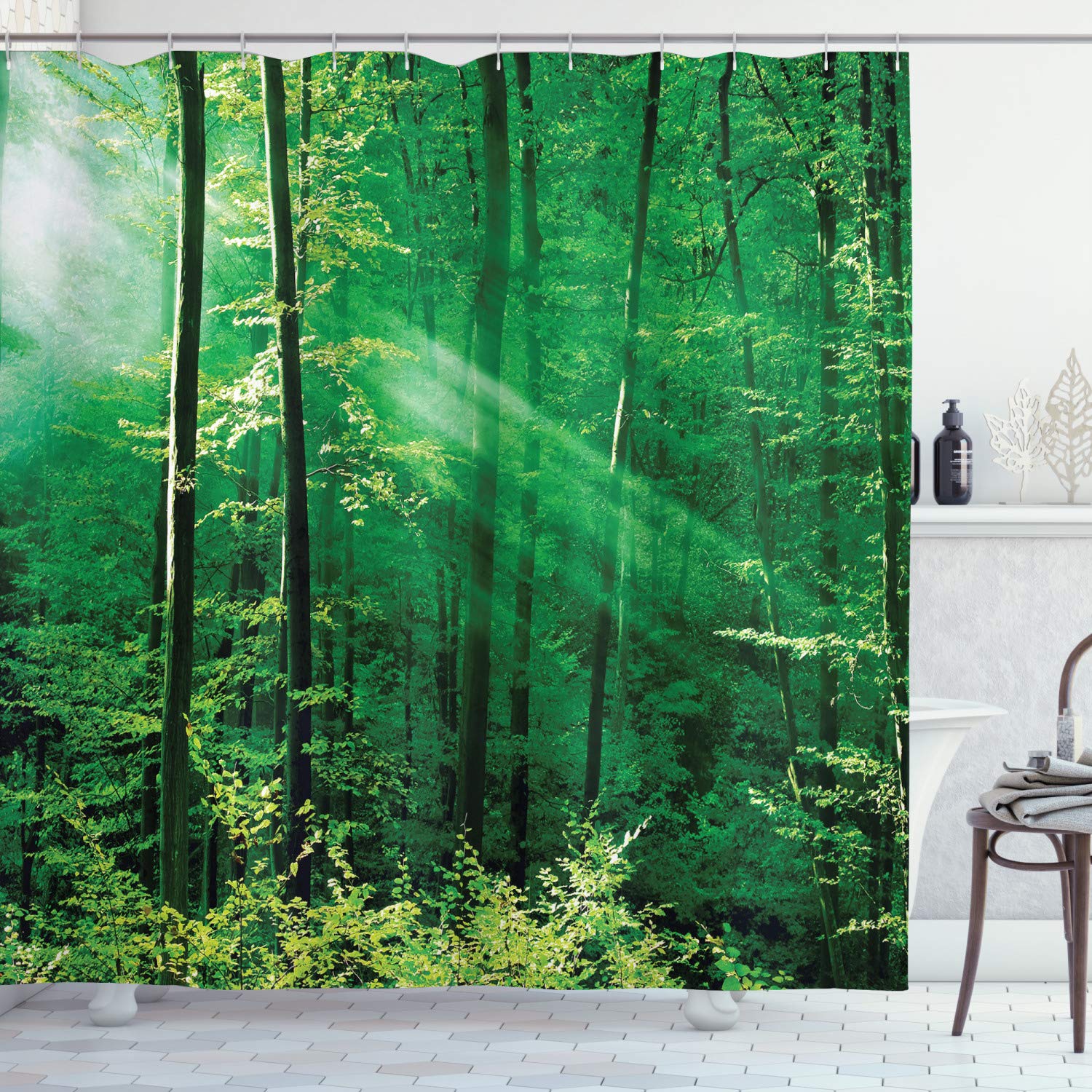 ABAKUHAUS Forest Shower Curtain, Sun Rays Bursting into the Forest Trees Foliage Misty Morning Serenity Picture, Cloth Fabric Bathroom Decor Set with Hooks, 86 Inches Extra Long, Green White