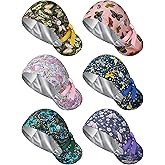 Floraltop 6 Pcs Satin Lined Scrub Caps Women Nurse Surgical Hat with Buttons Ponytail Working Adjustable Shower Caps Tie Back