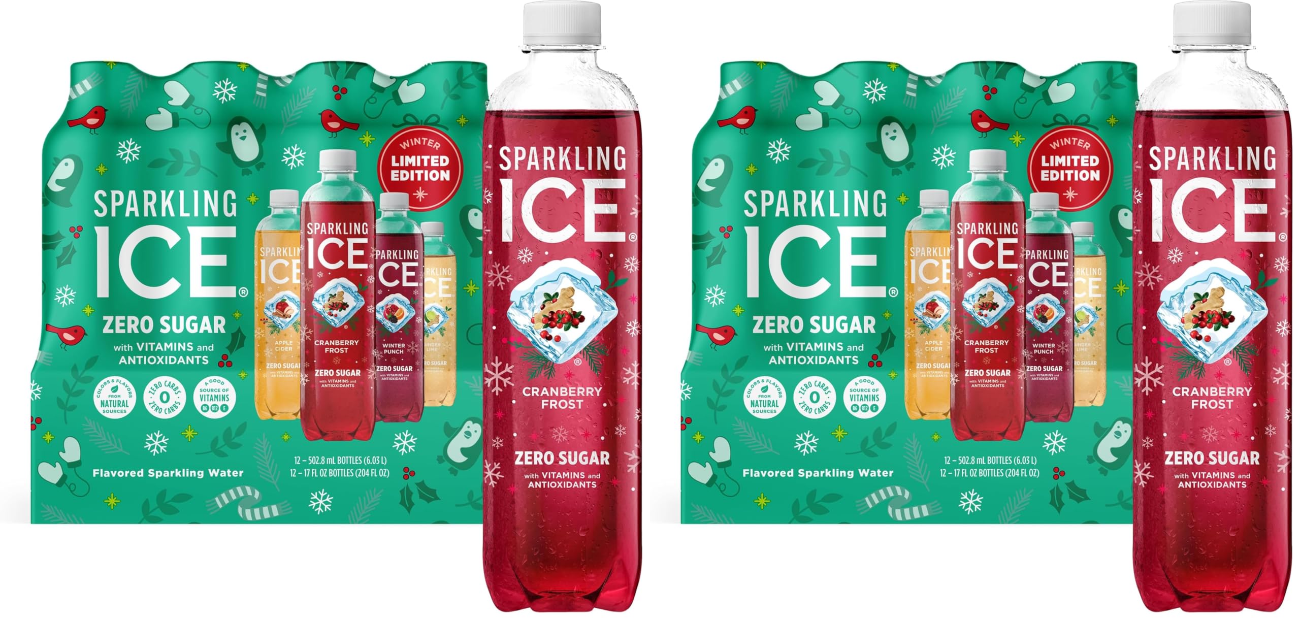 Sparkling Ice, Winter Variety Pack, Flavored Sparkling Water, Zero Sugar, with Vitamins and Antioxidants, 17 fl oz, 12 count (Cranberry Frost, Winter Punch, Apple Cider and Ginger Lime) (Pack of 2) Image