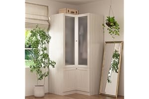 Homsee Warm Grey L-Shape Armoire Wardrobe Closet with Frosted Glass Doors, Hanging Bar & Shelves, Wooden Closet Storage Cabinet for Bedroom (35.4”L x 35.4”W x 70.9”H)