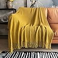 LOMAO Knitted Throw Blanket with Tassels Bubble Textured Lightweight Throws for Couch Cover Home Decor (Mustard Yellow, 50x60)