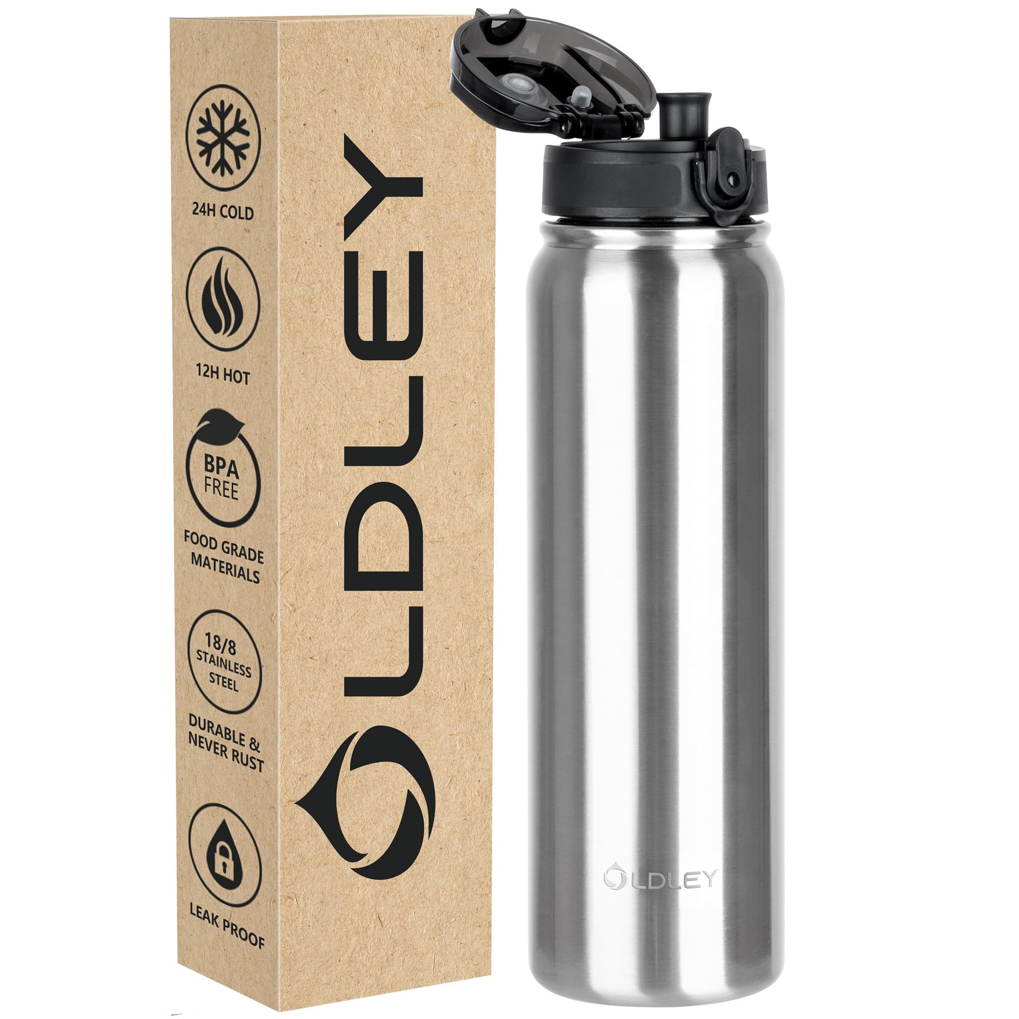 OLDLEY Stainless Steel Water Bottle 1L Vaccum Insulated Large Drink Flask 1000ML Metal Water Bottles Leakproof Keep Drinks Hot Cold for Bike Camping Sports Gym(Steel, 1 Lid) — image 1