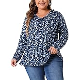 Agnes Orinda Plus Size Floral Tops for Women 2024 V Neck Long Sleeve t Shirt Ruffle Tunic Blouses Top Fall