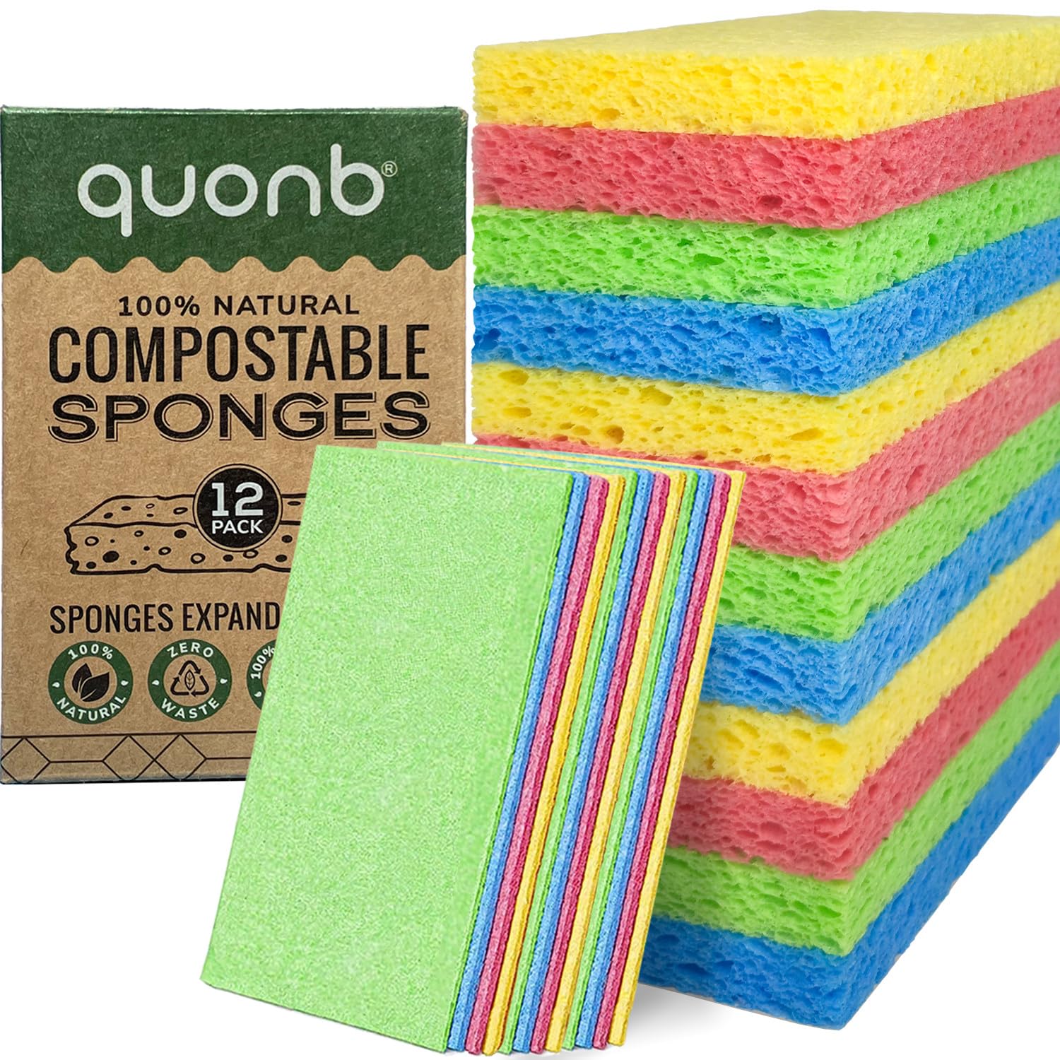 Compostable Pop Up Eco Sponges | quonb® (12 Pack) | Biodegradable sponges washing up, Plastic Free, Natural Cellulose, Durable, Zero Waste, Non Scratch, Kitchen, Bathroom, Cleaning Sponge, 4 Colours