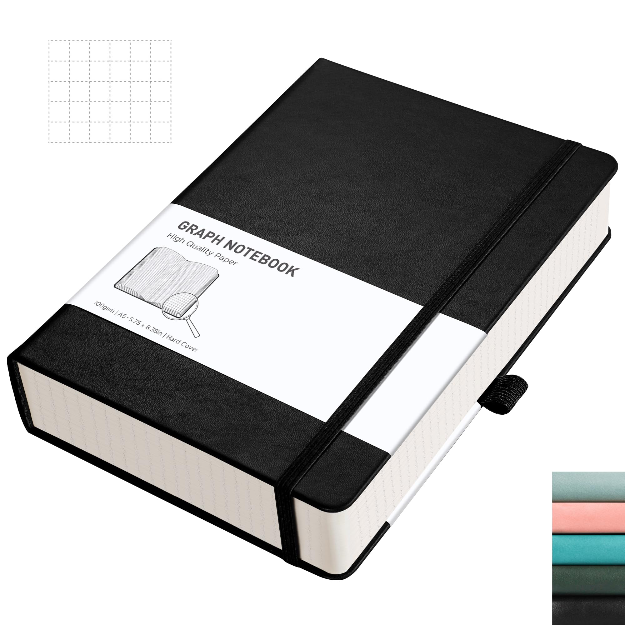 RETTACY Graph Paper Notebook A5 320 Pages Grid Notebook Thick Journal, 100gsm Thick Graph Paper, Leather Hardcover, Inner Pocket, for Office School Work Women Men14.5 x 21cm - Black — image 1