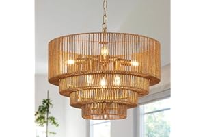 YOMECOO 19.7" Hand-Woven Rattan Chandelier Vintage Farmhouse 6-Lights Boho Bamboo Chandeliers Light Fixture Retro Drum Wicker Rattan Golden Chandelier for Dining Room, Kitchen Island, Bedroom, E12
