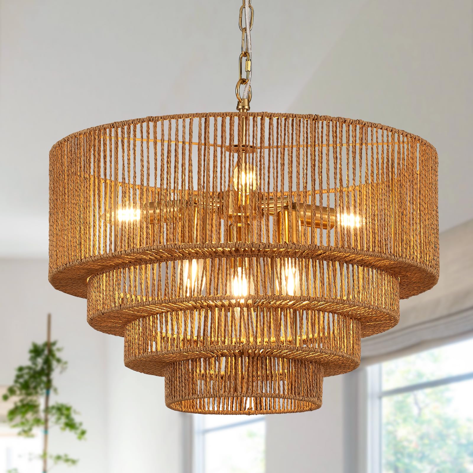 Photo 1 of ***SHADE ONLY***YOMECOO 19.7" Hand-Woven Rattan Chandelier Vintage Farmhouse 6-Lights Boho Bamboo Chandeliers Light Fixture Retro Drum Wicker Rattan Golden Chandelier for Dining Room, Kitchen Island, Bedroom, E12