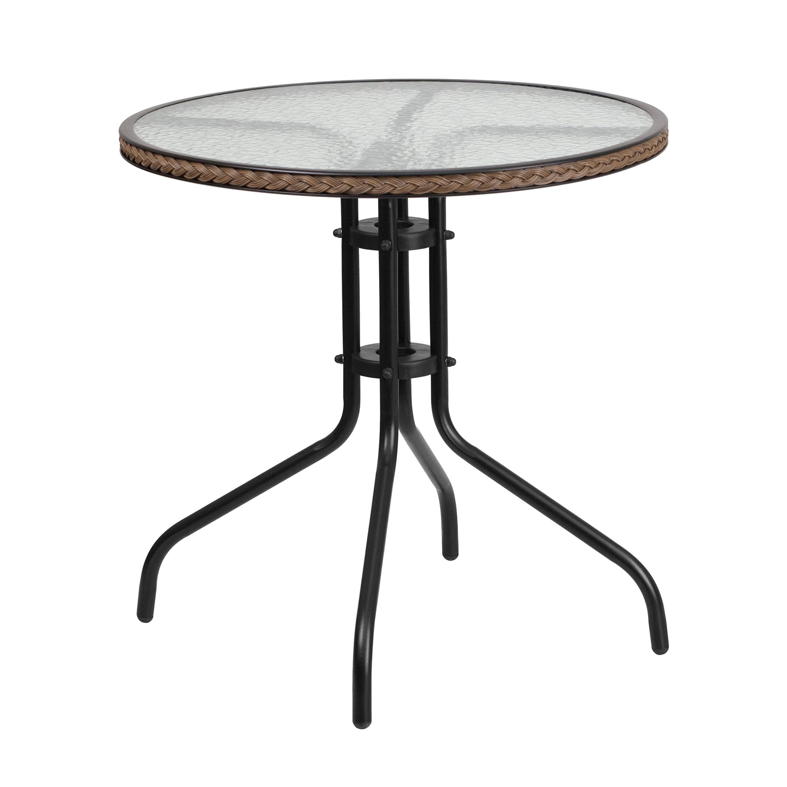 Flash Furniture 28'' Round Tempered Glass Metal Table with Dark Brown Rattan Edging (incomplete) (table top only)