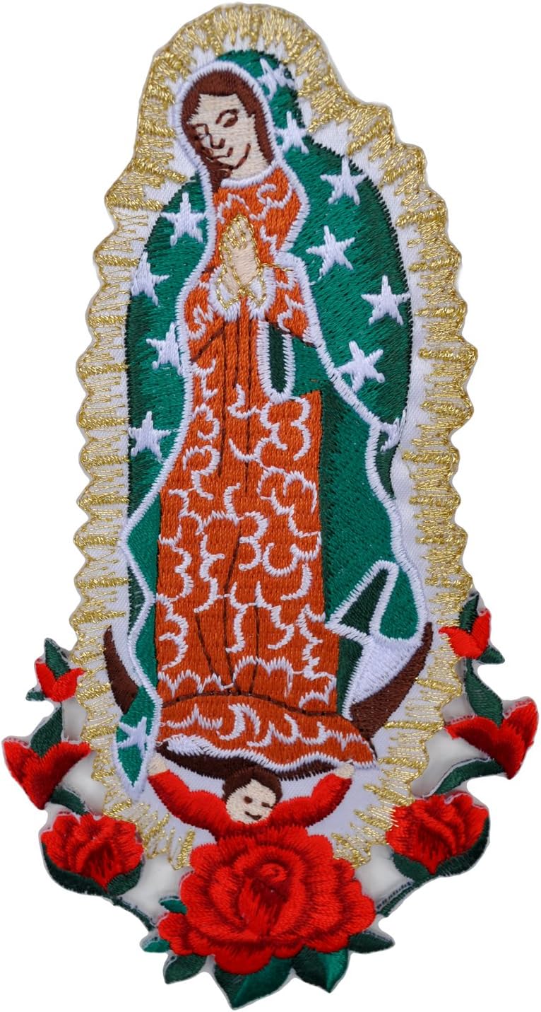 Christening Virgin Mary My Lady of Guadalupe Baptism Embroidered Iron On Patch (Gold no Word 6.5"x3.5")