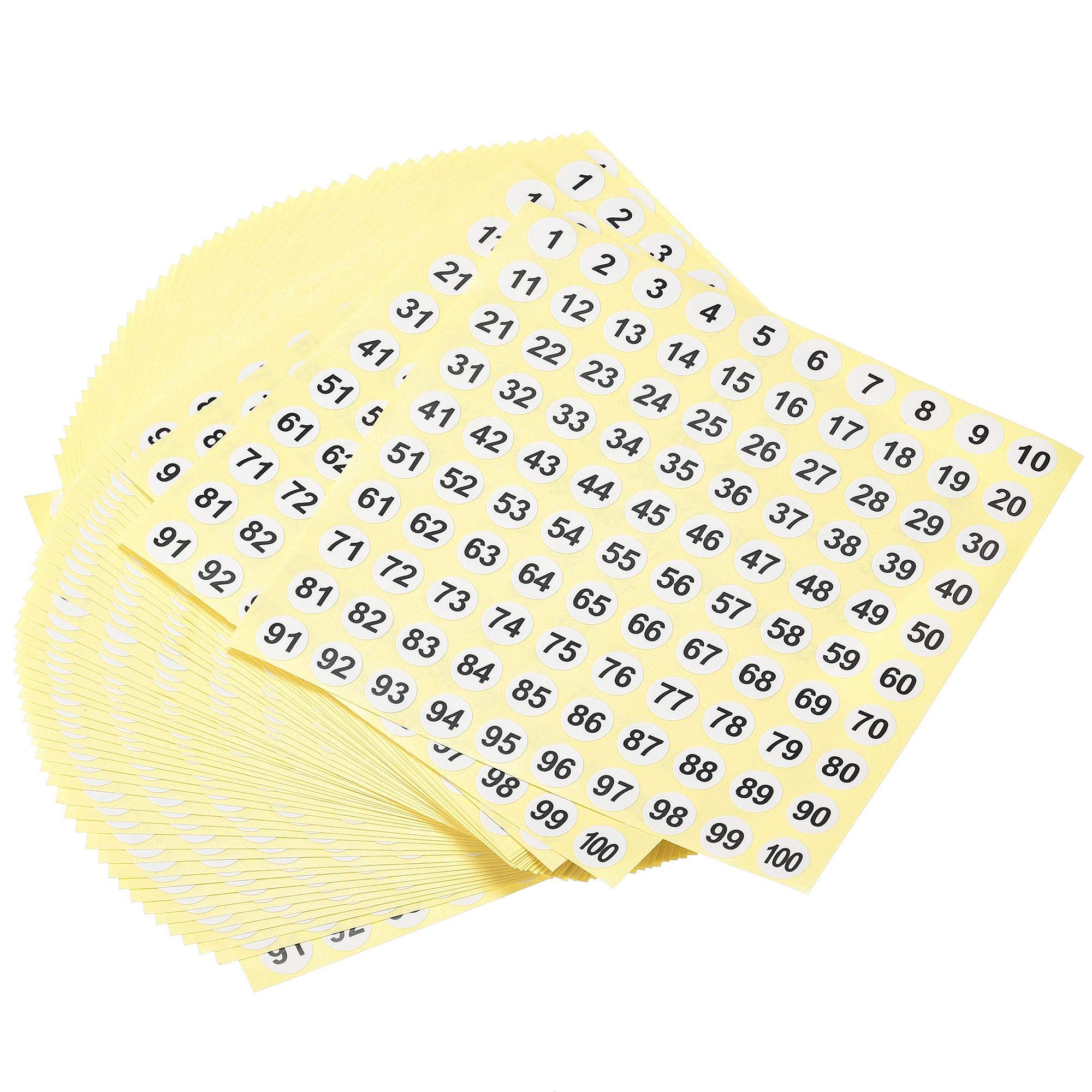 sourcing map Round Number Stickers, 10mm Dia Number 1-100 Coated Paper Label 50 Sheets, Black Word/White Background