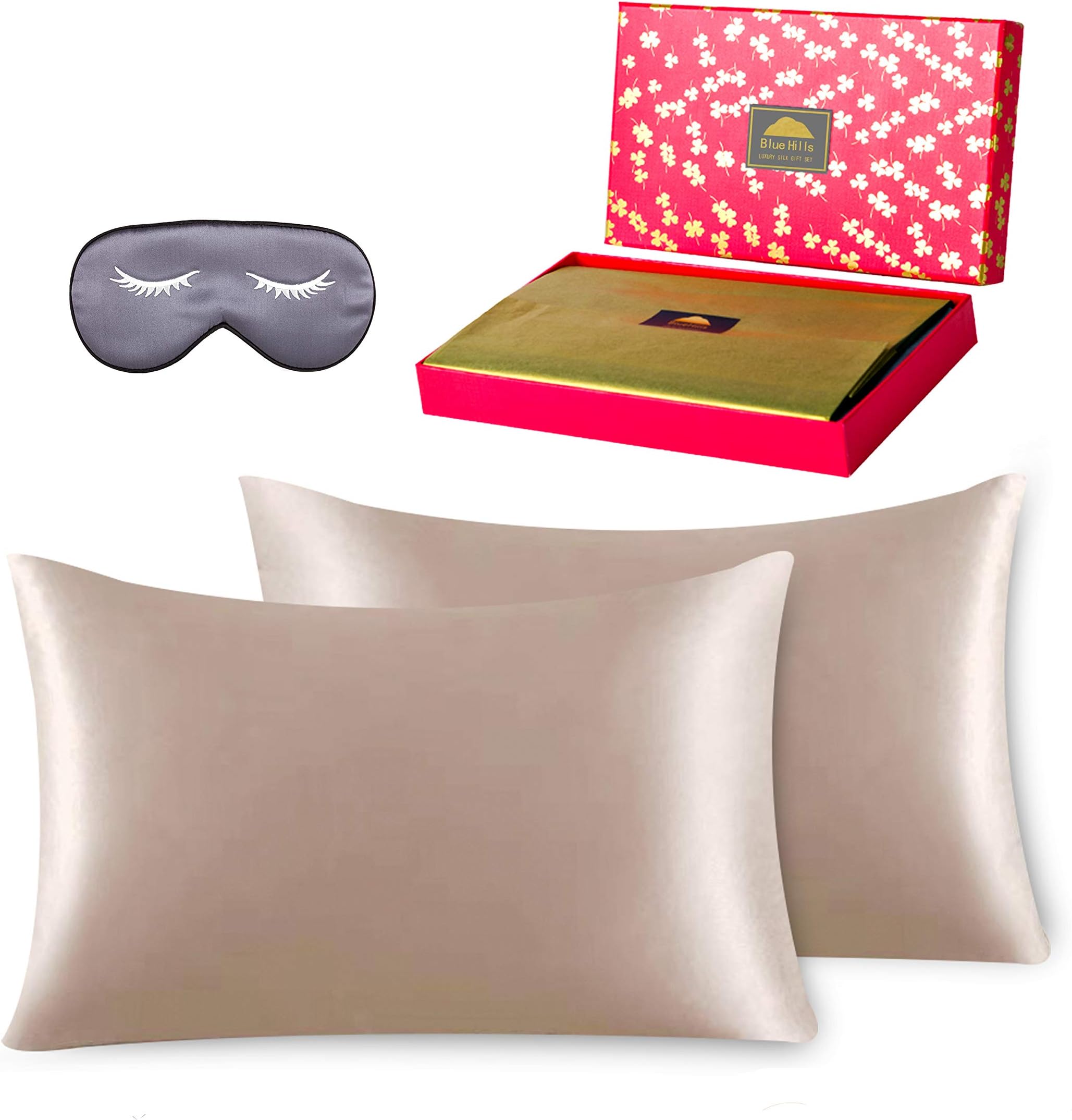 Luxury Silk Pillowcase Gift Set - 100% Pure Mulberry Natural Soft Both Sides Silk Pillowcase 2 Pack for Hair and Skin & 1 Pure Silk Eye Mask Gift Box 3 piece Set Light Bronze Queen Size Q015