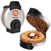 Gourmia Belgian Waffle Maker - Nonstick Ceramic Plates, Stainless Steel | Adjustable Temperature Dial, Power &amp; Ready Indicator Lights, Cool-Touch Handle, Compact Upright Design, Easy to Clean Plates