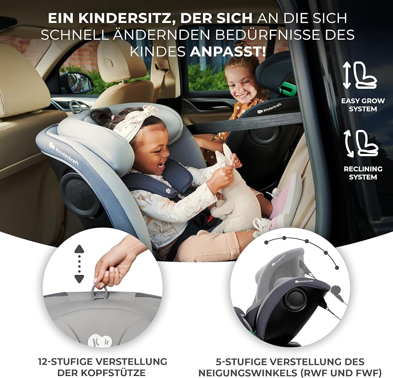 I-GROW Kindersitz 0-36 kg, I-SIZE 40-150 cm, 360 grad drehbar, Kinderautositz mit Isofix station, FWF und RWF, Verstellbare Kopfstütze/Rückenlehne mit Liegeposition, Grau