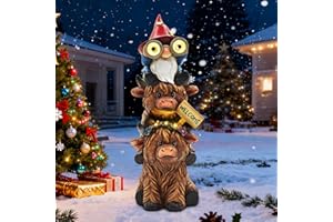 CFFOWNUG Christmas Garden Gnomes Outdoor Statue: 11'' Highland Cow Decor with Welcome Sign Funny Triple Yard Decorations with Solar Light Unique Birthday Gifts for Women Mother Grandma